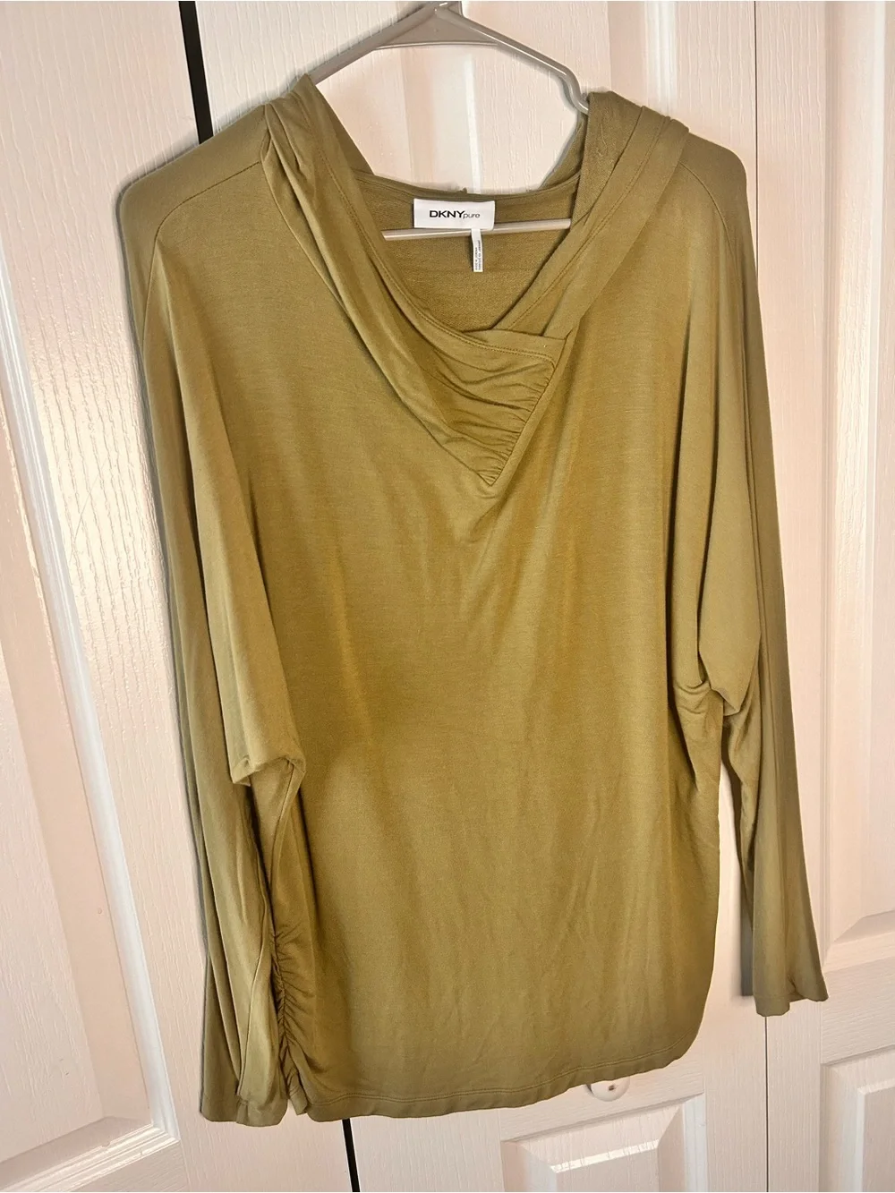 DKNY Pure Sweatshirt Womens XL Hooded Ruched Sides Silky Drape Soft Green